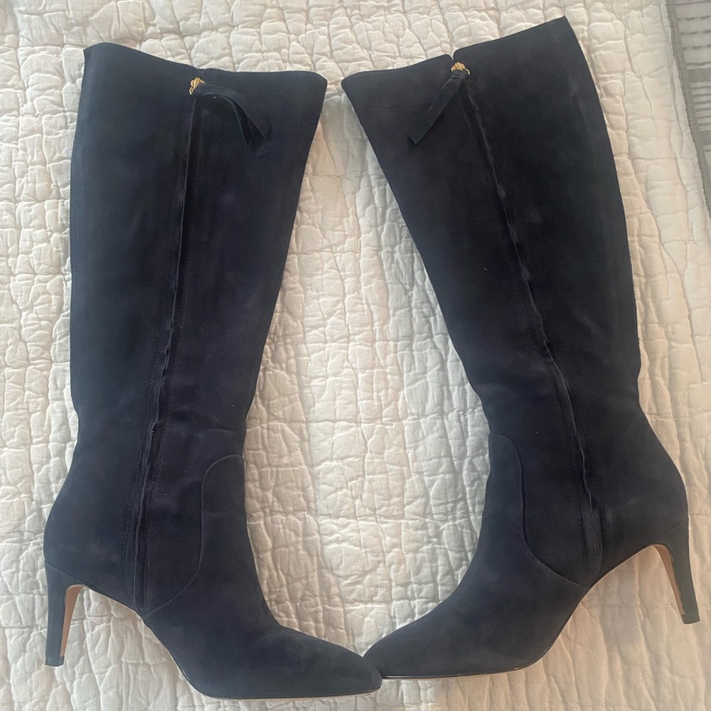 Boden pointed toe- knee high blue suede boots.